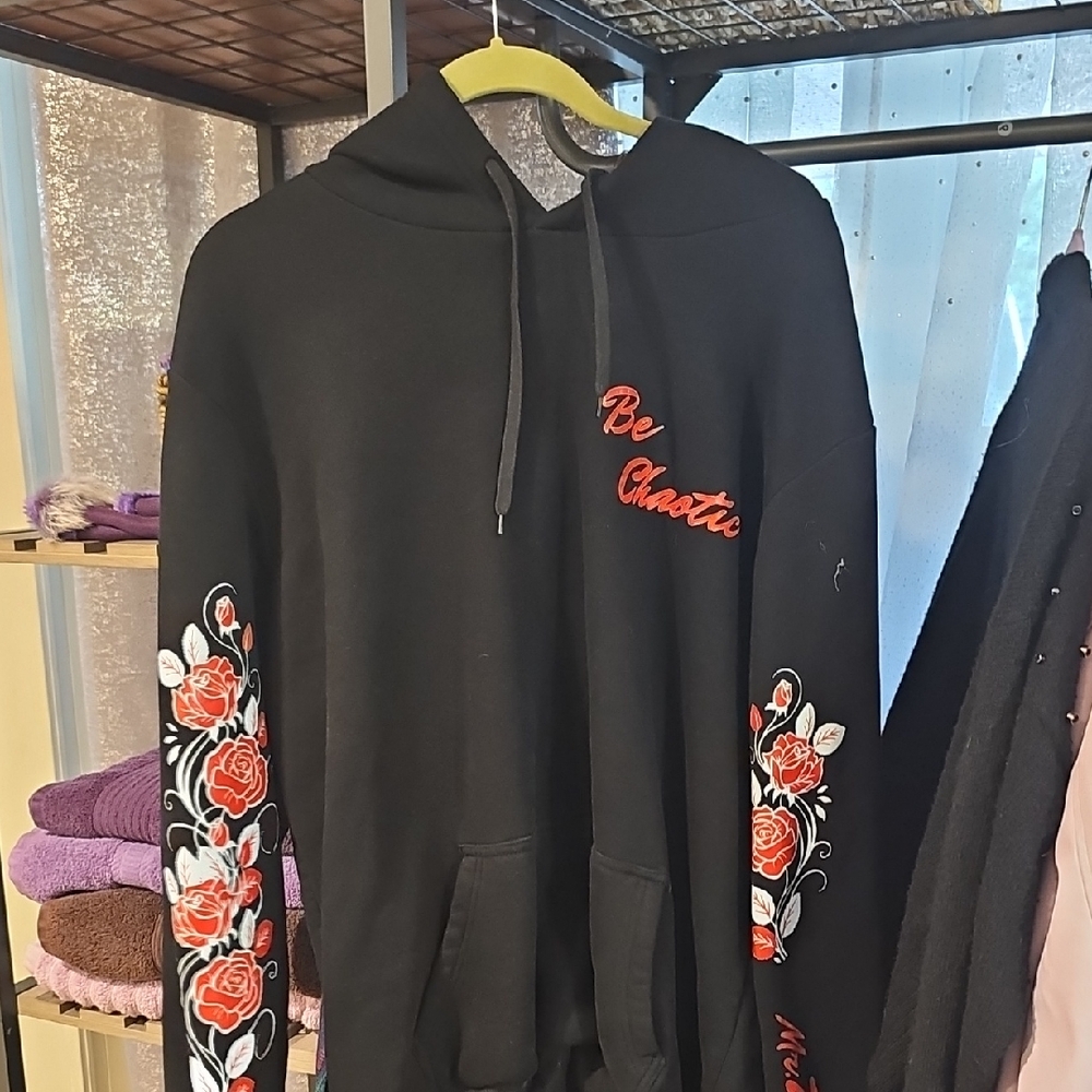 Black Hoodie with Red Rose Embroidery